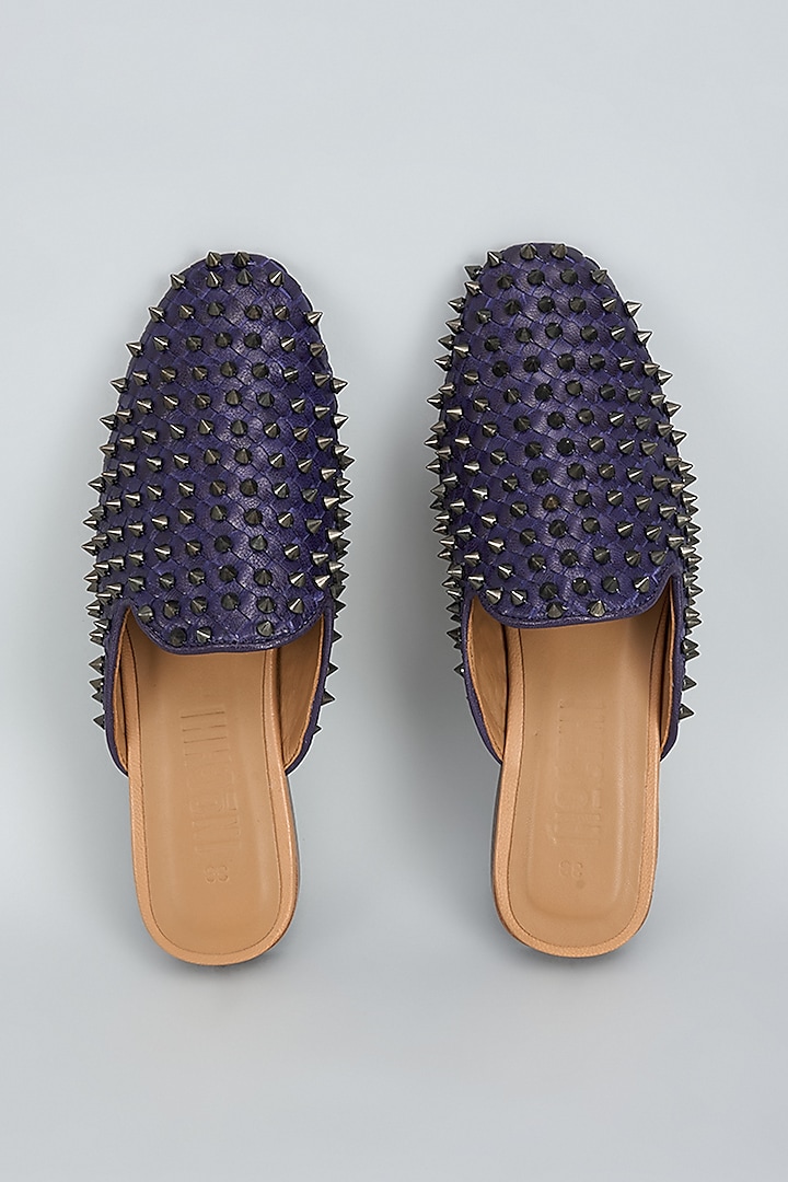 Blue Leather Hand Embellished Handwoven Mules by Inochhi