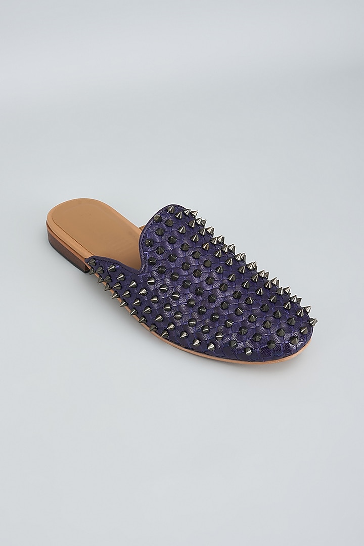 Blue Leather Hand Embellished Handwoven Mules by Inochhi at Pernia's Pop Up Shop
