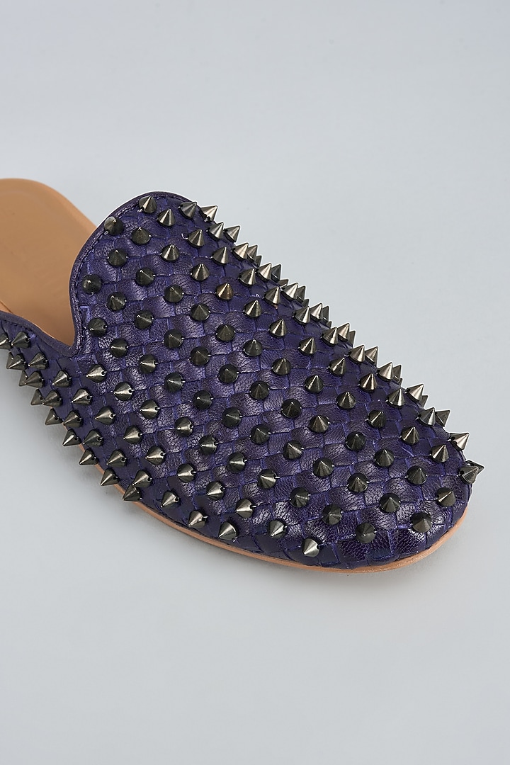 Blue Leather Hand Embellished Handwoven Mules by Inochhi at Pernia's Pop Up Shop