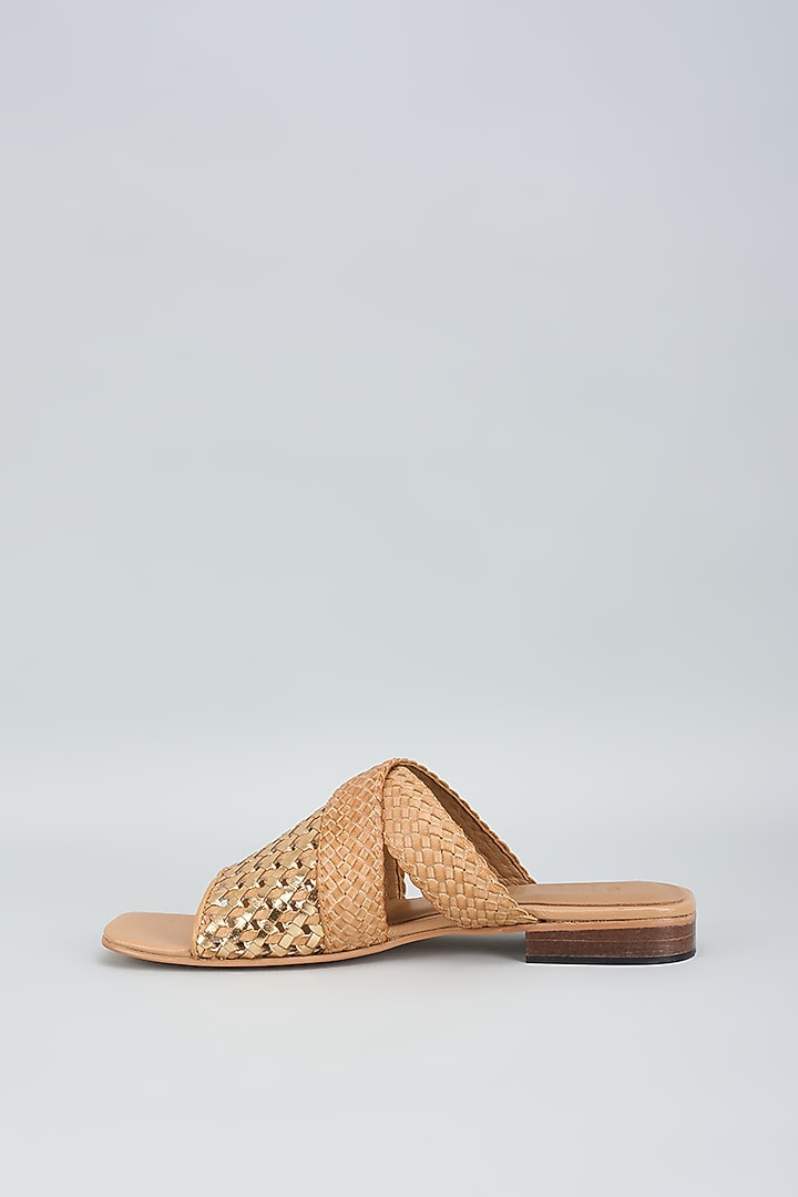 Beige Leather Handwoven Flats by Inochhi at Pernia's Pop Up Shop