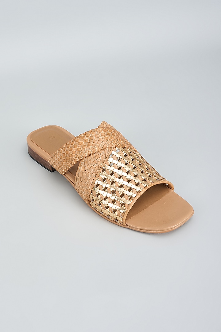 Beige Leather Handwoven Flats by Inochhi at Pernia's Pop Up Shop