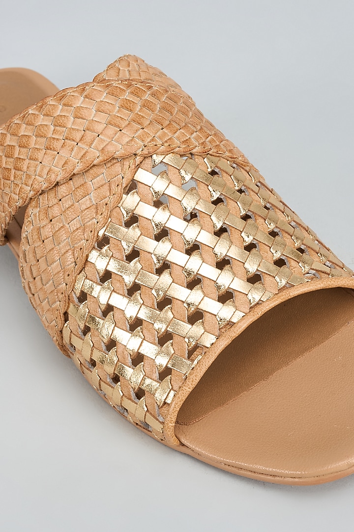 Beige Leather Handwoven Flats by Inochhi at Pernia's Pop Up Shop