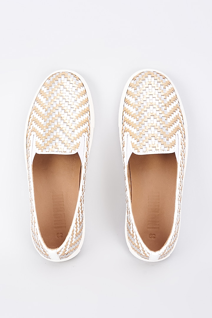 Gold Genuine Leather Handcrafted Flats by Inochhi