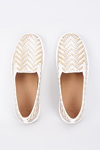 Gold Genuine Leather Handcrafted Flats by Inochhi