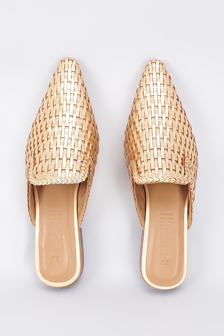 Gold Genuine Leather Handcrafted Mules by Inochhi