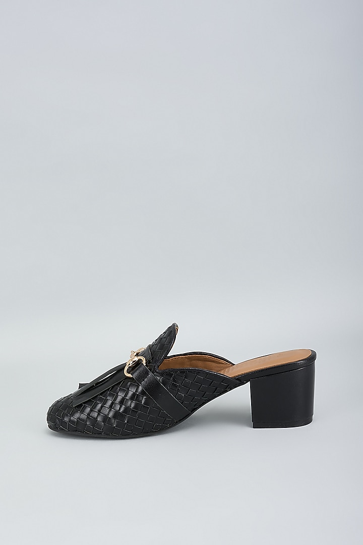 Black Genuine Leather Handwoven Mules by Inochhi at Pernia's Pop Up Shop