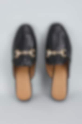 Black Genuine Leather Handwoven Mules by Inochhi