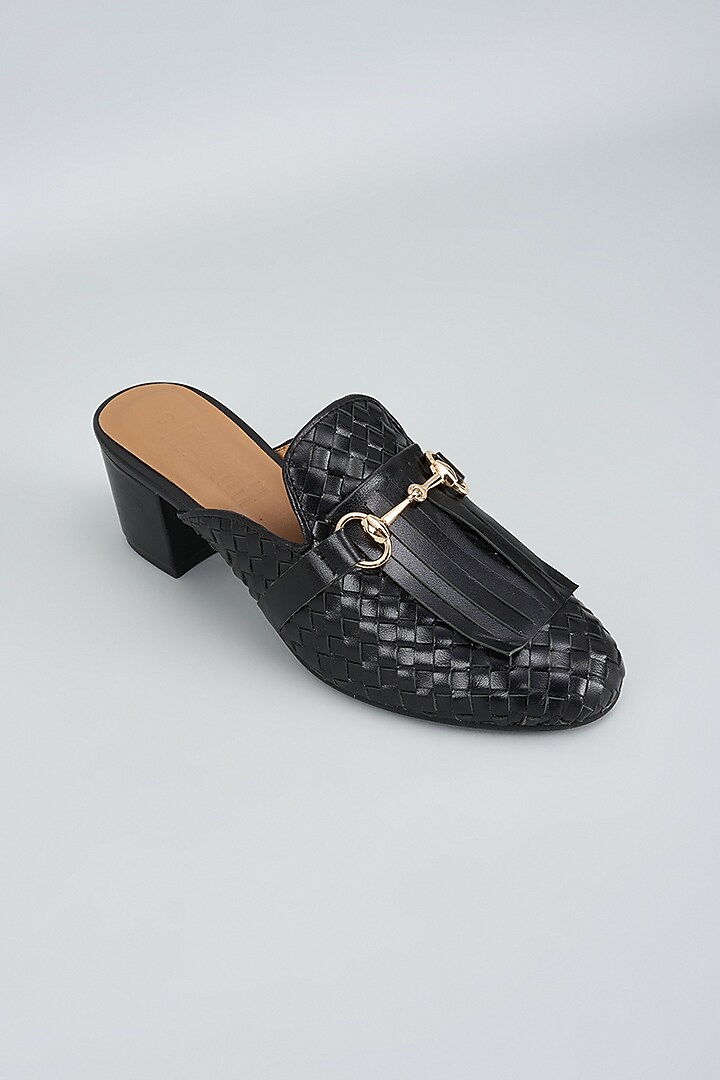 Black Genuine Leather Handwoven Mules by Inochhi at Pernia's Pop Up Shop