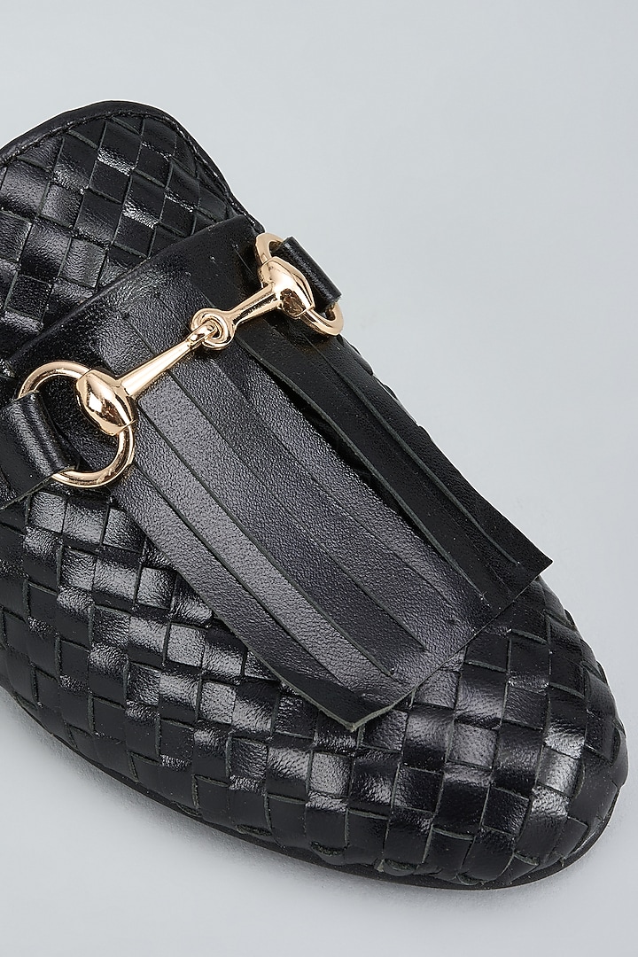 Black Genuine Leather Handwoven Mules by Inochhi at Pernia's Pop Up Shop