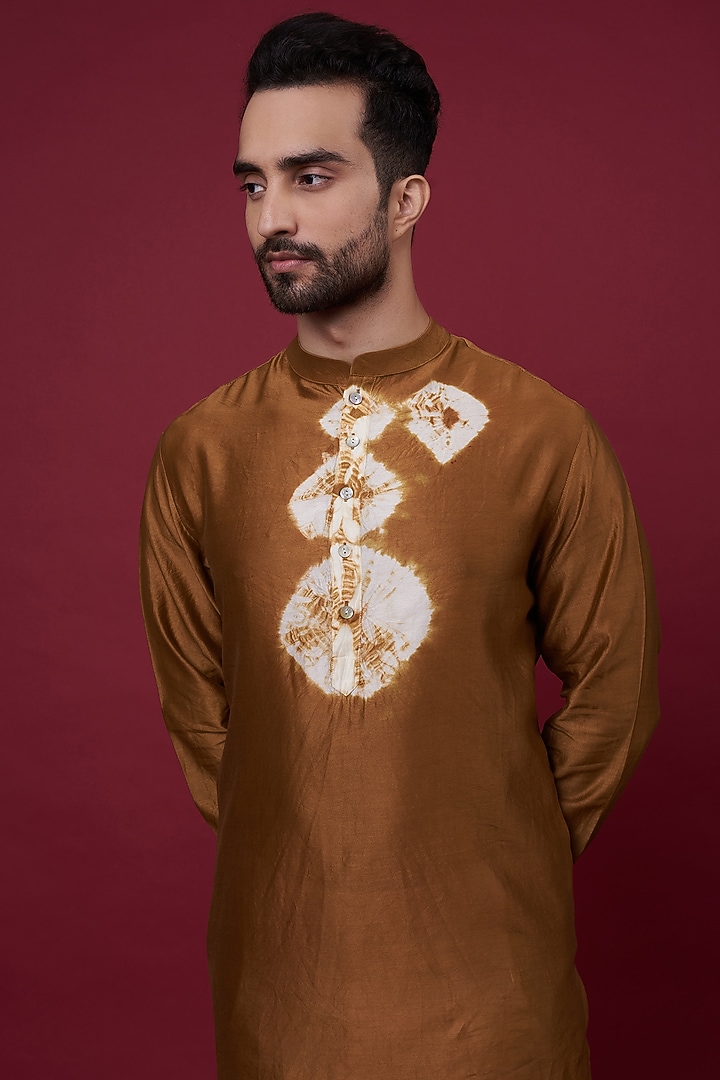 Rust Silk Chanderi Shibori Short Kurta by Inca men at Pernia's Pop Up Shop