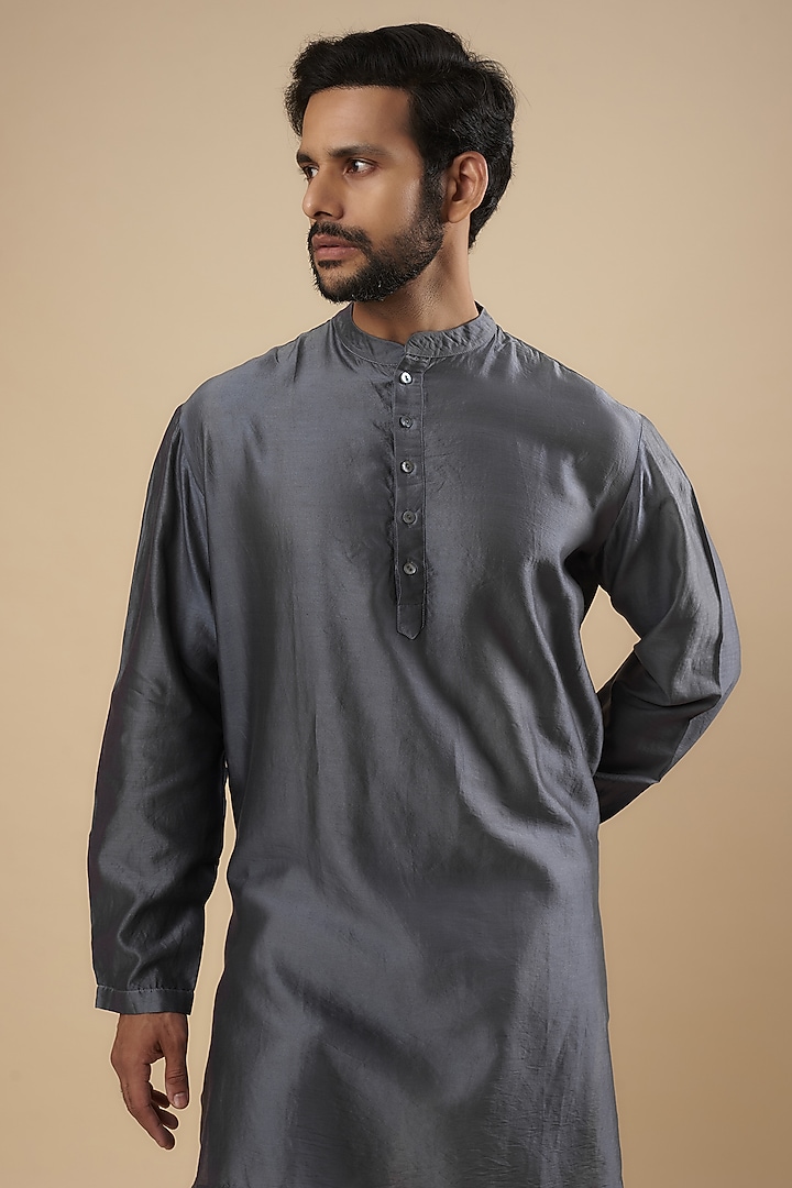Navy Blue Silk Chanderi Kurta by Inca men at Pernia's Pop Up Shop