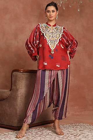 Multi-Colored Gajji Silk Flap Pant Set by Inddivogue