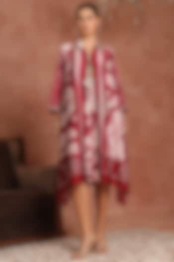 Red & Maroon Chanderi Pleated Vacation Shirt Dress by Inddivogue at Pernia's Pop Up Shop