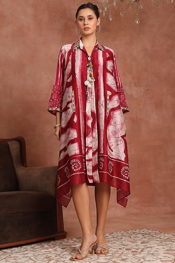 Red & Maroon Chanderi Pleated Vacation Shirt Dress by Inddivogue at Pernia's Pop Up Shop