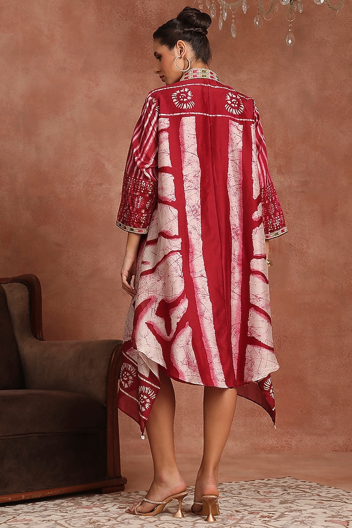 Red & Maroon Chanderi Pleated Vacation Shirt Dress by Inddivogue at Pernia's Pop Up Shop