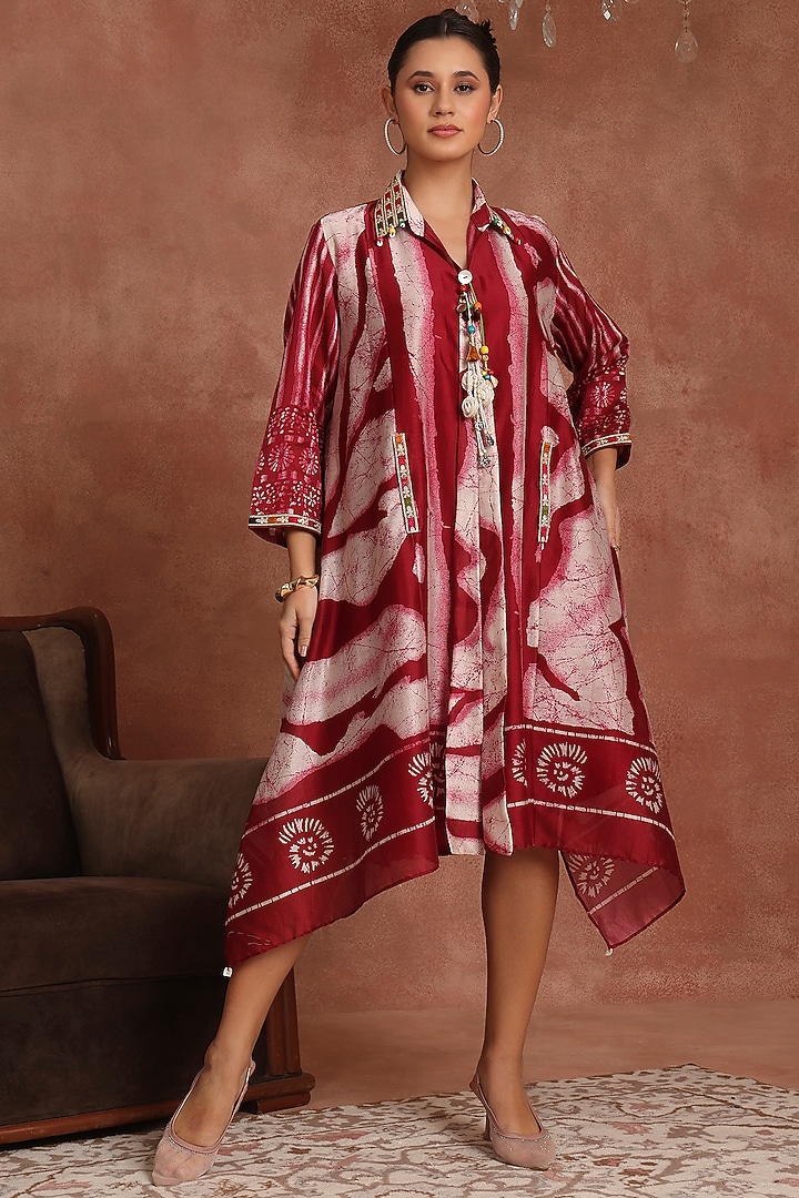 Red & Maroon Chanderi Pleated Vacation Shirt Dress by Inddivogue at Pernia's Pop Up Shop