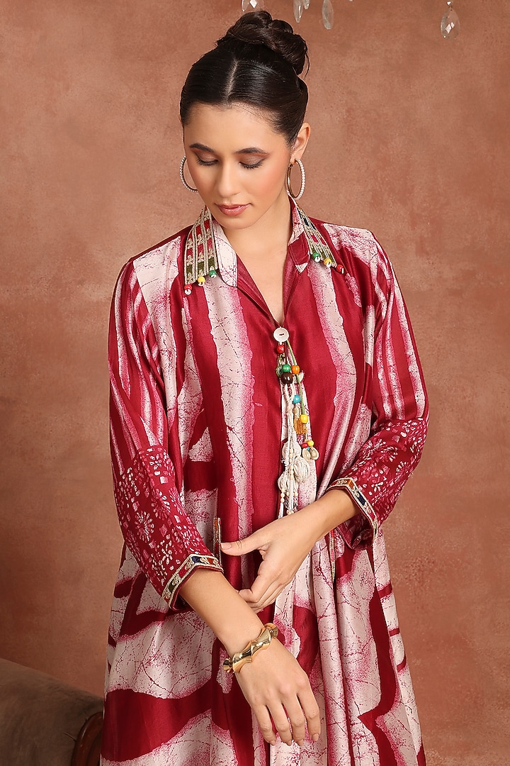Red & Maroon Chanderi Pleated Vacation Shirt Dress by Inddivogue at Pernia's Pop Up Shop