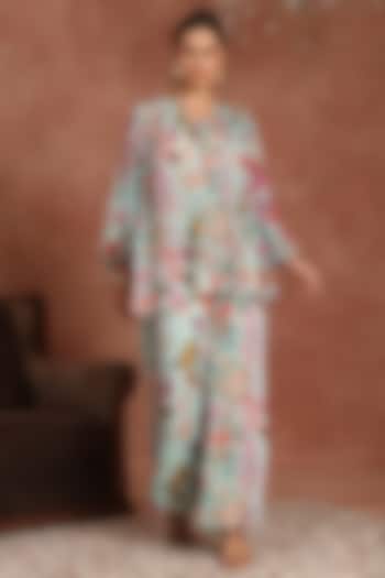 Blue Chinon Tropical Printed Bell-Bottom Pant Set by Inddivogue at Pernia's Pop Up Shop