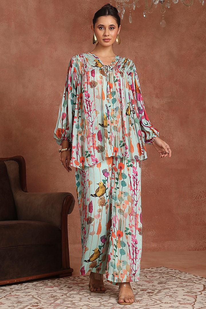 Blue Chinon Tropical Printed Bell-Bottom Pant Set by Inddivogue at Pernia's Pop Up Shop