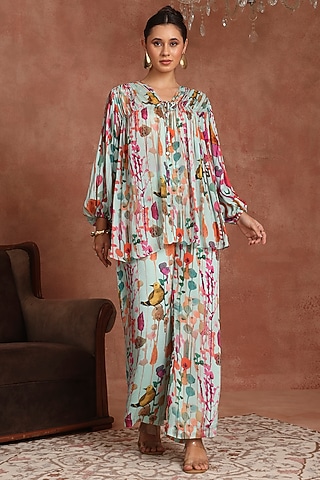 Blue Chinon Tropical Printed Bell-Bottom Pant Set  by Inddivogue