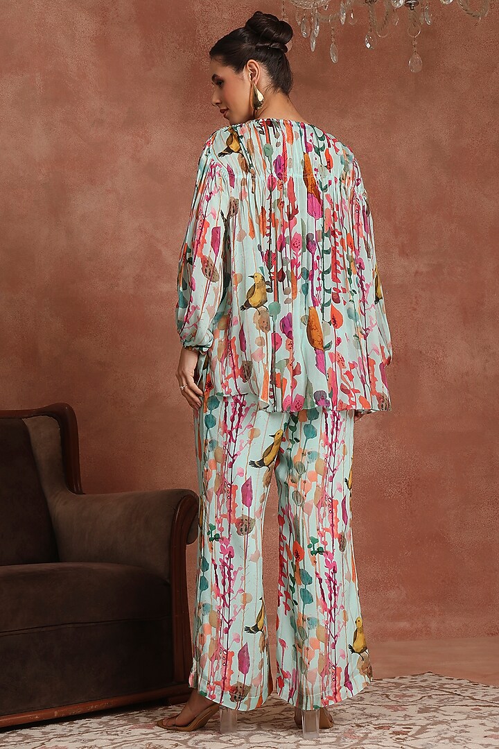 Blue Chinon Tropical Printed Bell-Bottom Pant Set by Inddivogue at Pernia's Pop Up Shop