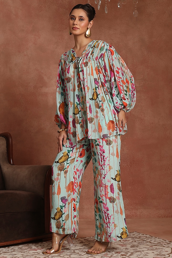 Blue Chinon Tropical Printed Bell-Bottom Pant Set by Inddivogue at Pernia's Pop Up Shop
