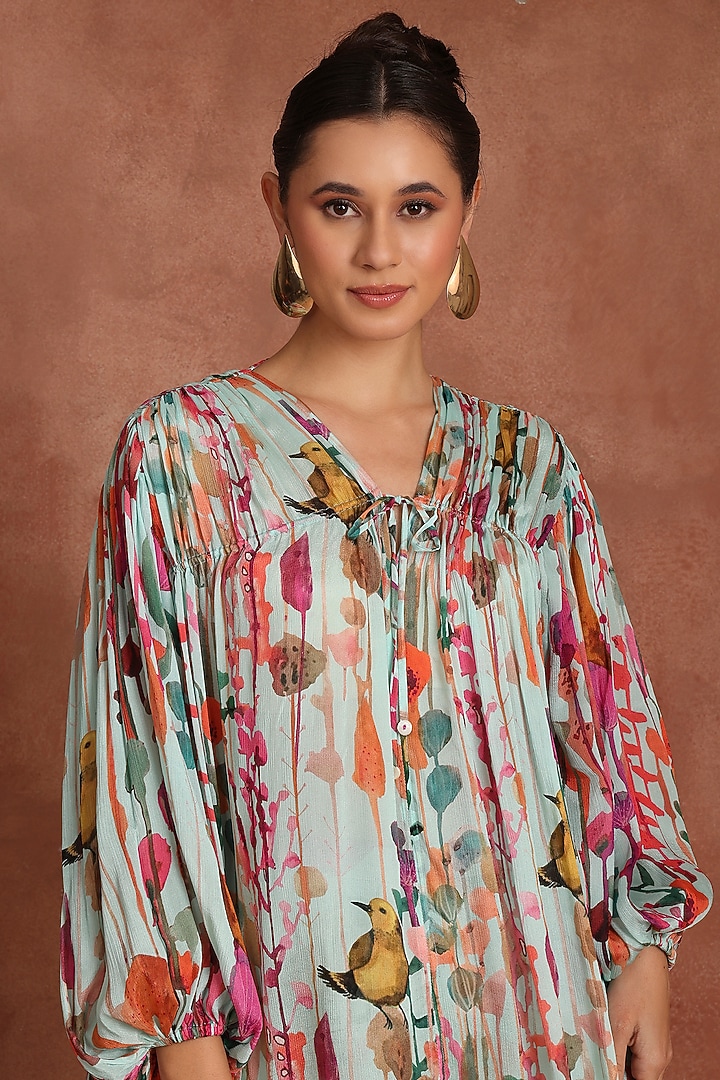 Blue Chinon Tropical Printed Bell-Bottom Pant Set by Inddivogue at Pernia's Pop Up Shop