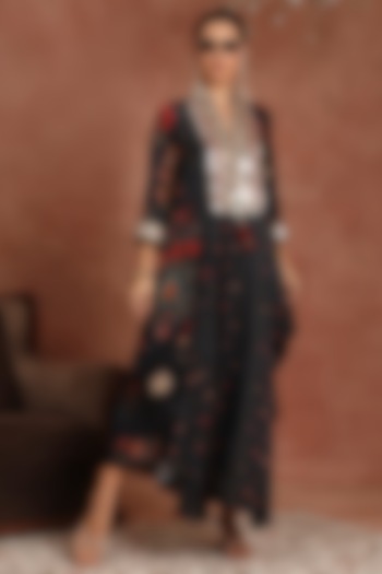 Black Gajji Silk Tropical Printed & Mirror Embroidered Tunic by Inddivogue at Pernia's Pop Up Shop