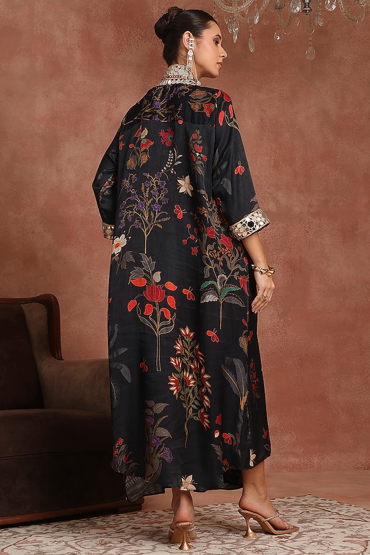 Black Gajji Silk Tropical Printed & Mirror Embroidered Tunic by Inddivogue at Pernia's Pop Up Shop
