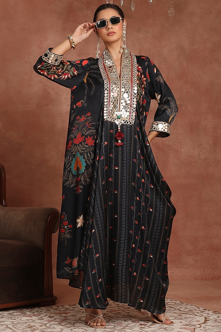 Black Gajji Silk Tropical Printed & Mirror Embroidered Tunic by Inddivogue at Pernia's Pop Up Shop