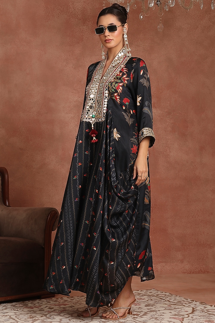 Black Gajji Silk Tropical Printed & Mirror Embroidered Tunic by Inddivogue at Pernia's Pop Up Shop