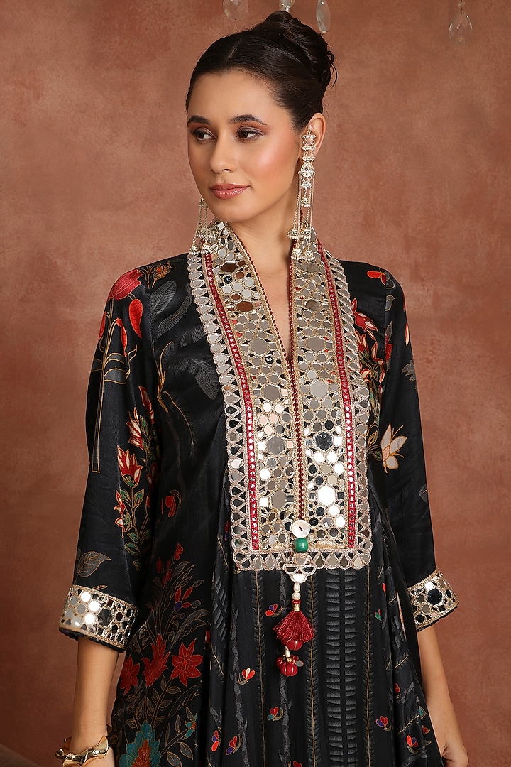 Black Gajji Silk Tropical Printed & Mirror Embroidered Tunic by Inddivogue at Pernia's Pop Up Shop