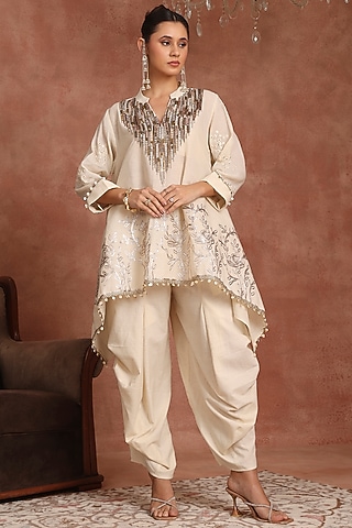 Cream Linen Hand Embroidered Cowl Pant Set by Inddivogue