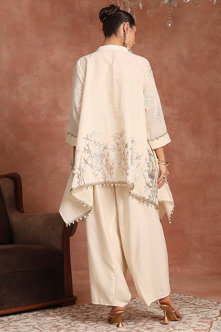Cream Linen Hand Embroidered Cowl Pant Set by Inddivogue at Pernia's Pop Up Shop