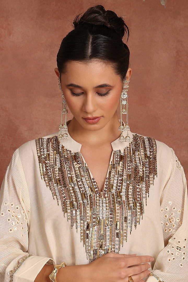 Cream Linen Hand Embroidered Cowl Pant Set by Inddivogue at Pernia's Pop Up Shop