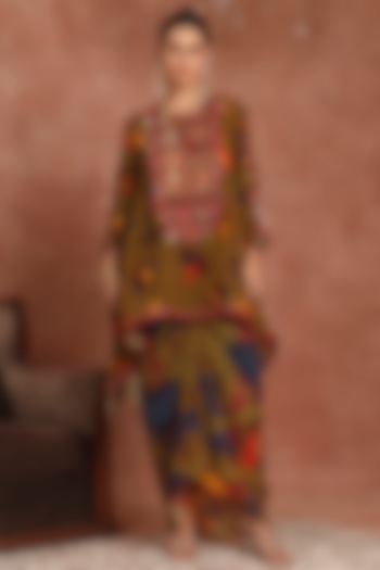 Olive Green Crepe Abstract Printed Shirred Skirt Set by Inddivogue at Pernia's Pop Up Shop