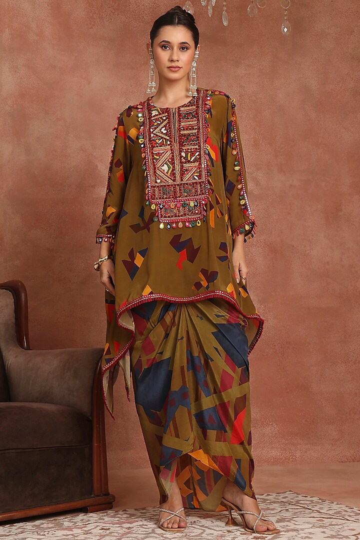 Olive Green Crepe Abstract Printed Shirred Skirt Set by Inddivogue at Pernia's Pop Up Shop