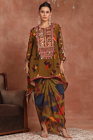 Olive Green Crepe Abstract Printed Shirred Skirt Set by Inddivogue