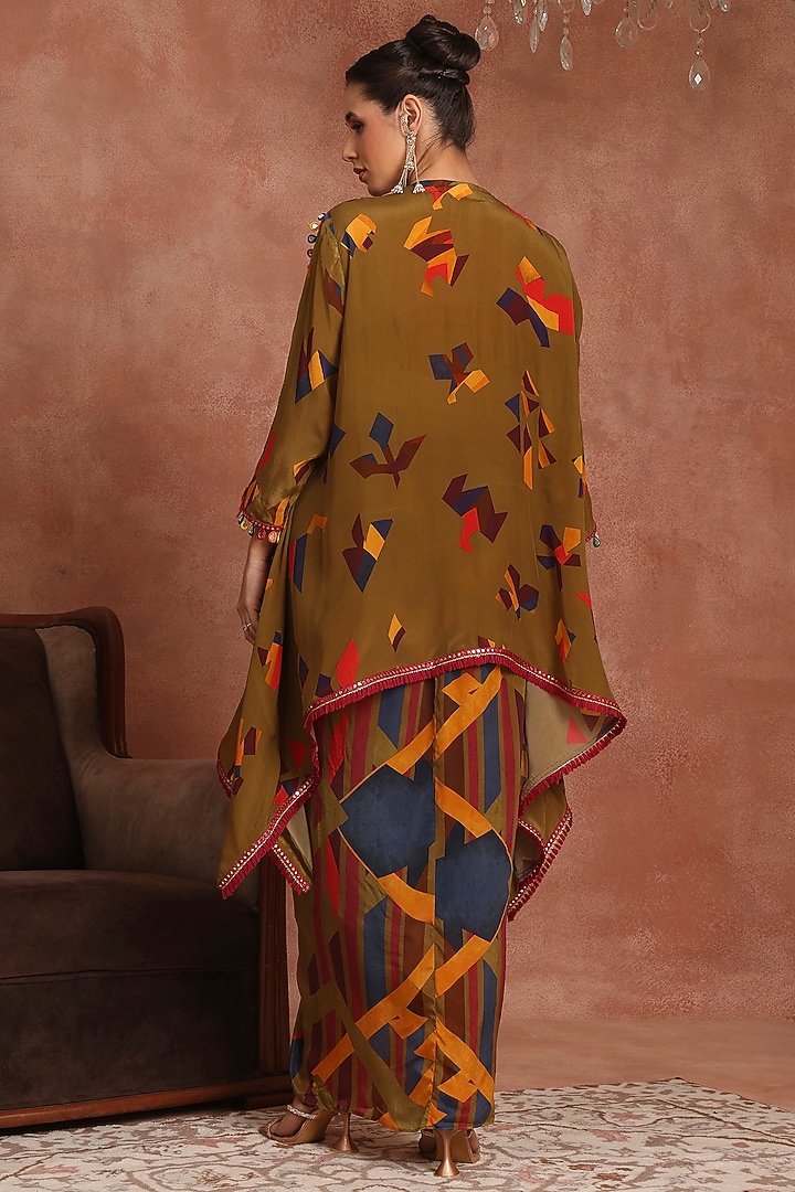 Olive Green Crepe Abstract Printed Shirred Skirt Set by Inddivogue at Pernia's Pop Up Shop