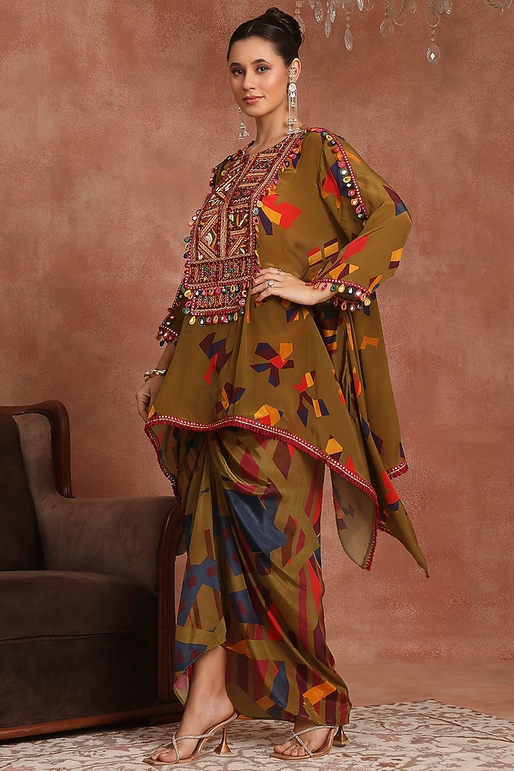 Olive Green Crepe Abstract Printed Shirred Skirt Set by Inddivogue at Pernia's Pop Up Shop