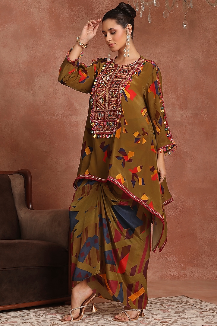 Olive Green Crepe Abstract Printed Shirred Skirt Set by Inddivogue at Pernia's Pop Up Shop