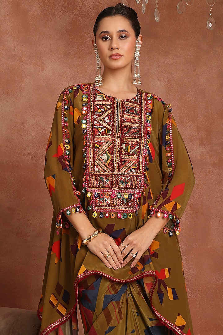 Olive Green Crepe Abstract Printed Shirred Skirt Set by Inddivogue at Pernia's Pop Up Shop