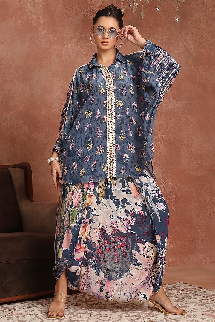 Blue Crepe Floral Printed Dhoti Set by Inddivogue at Pernia's Pop Up Shop
