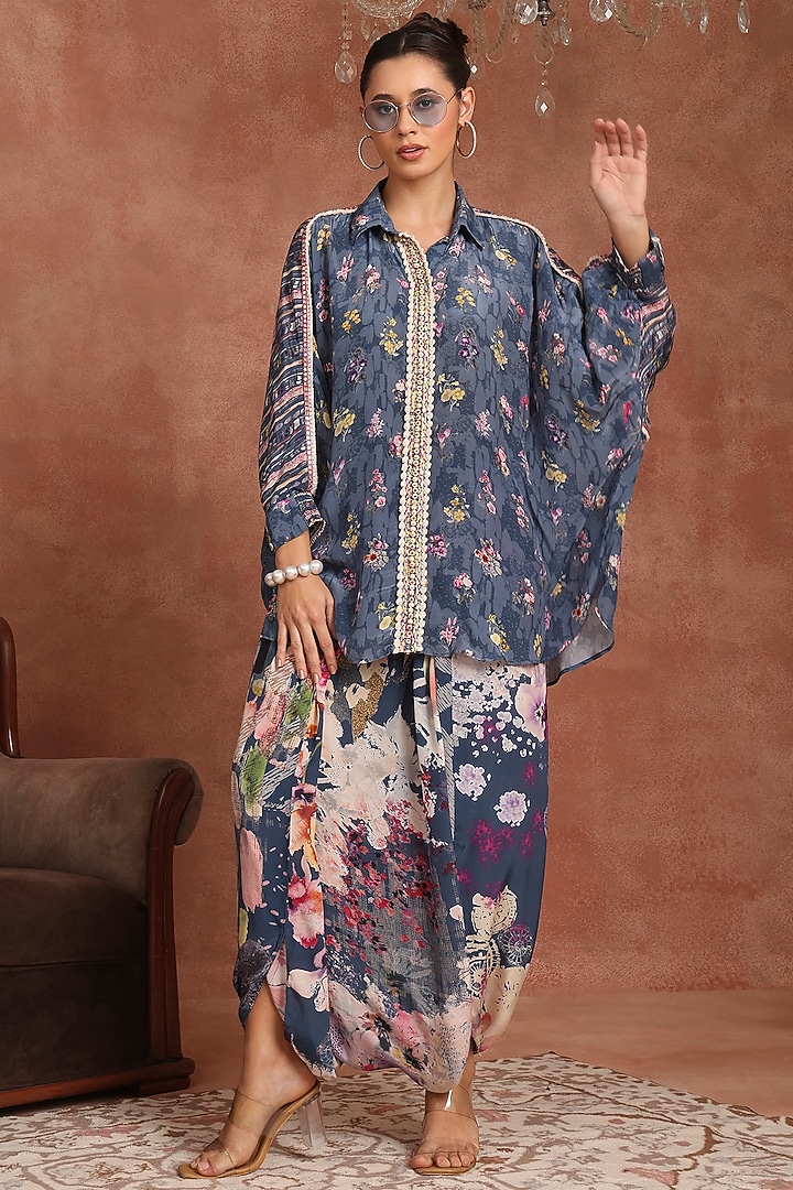Blue Crepe Floral Printed Dhoti Set by Inddivogue at Pernia's Pop Up Shop