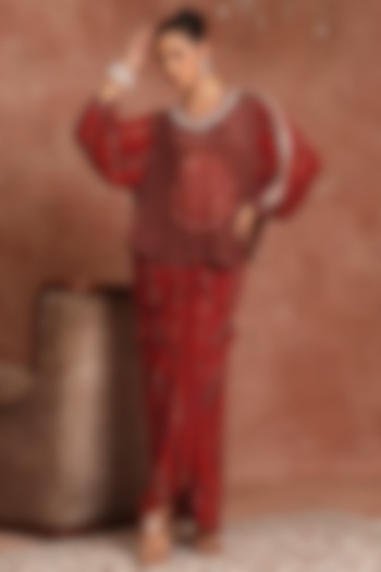 Maroon Crepe Embroidered Shirred Skirt Set by Inddivogue at Pernia's Pop Up Shop