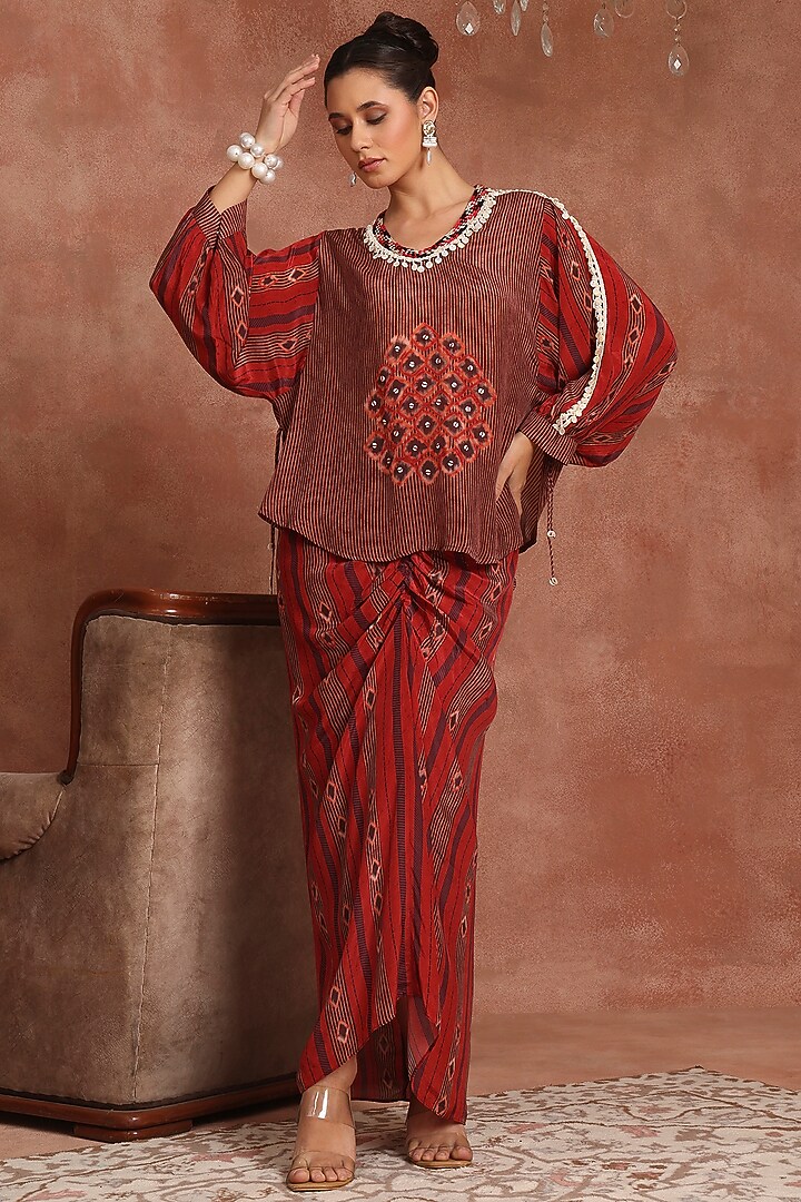 Maroon Crepe Embroidered Shirred Skirt Set by Inddivogue at Pernia's Pop Up Shop