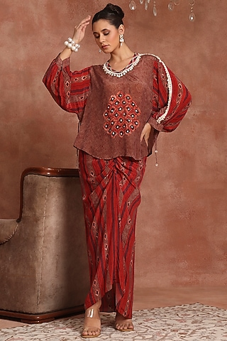 Maroon Crepe Embroidered Shirred Skirt Set by Inddivogue