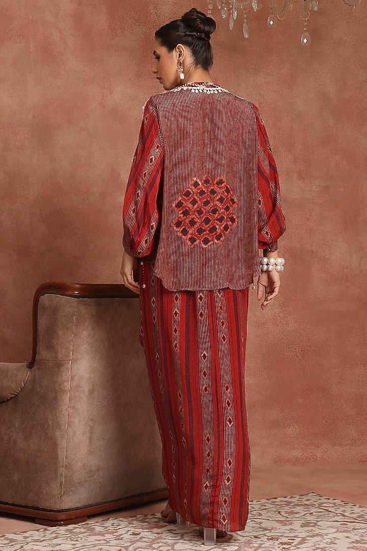 Maroon Crepe Embroidered Shirred Skirt Set by Inddivogue at Pernia's Pop Up Shop