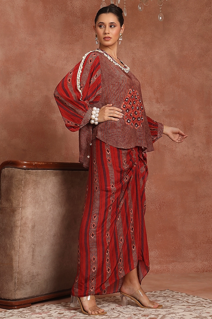 Maroon Crepe Embroidered Shirred Skirt Set by Inddivogue at Pernia's Pop Up Shop