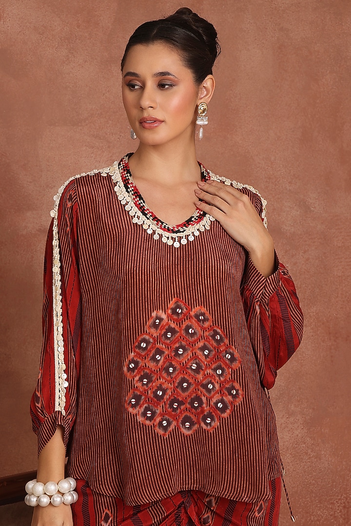 Maroon Crepe Embroidered Shirred Skirt Set by Inddivogue at Pernia's Pop Up Shop